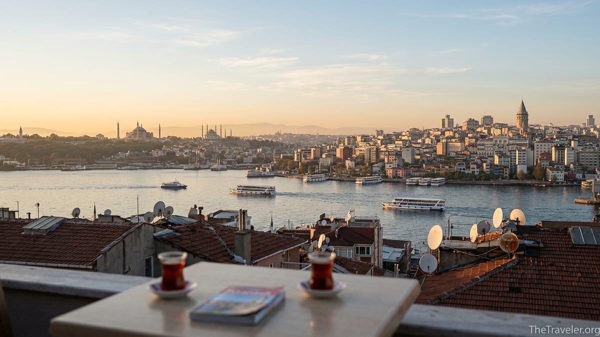 Sunrise view over Istanbul’s Bosphorus with historic mosques and ferries seen from a rooftop terrace.