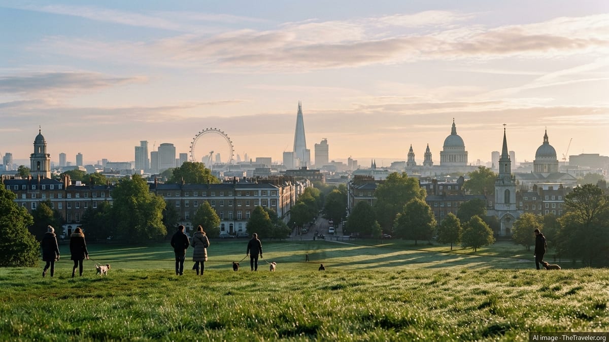 Sunrise view over London skyline from a grassy hill with people walking dogs
