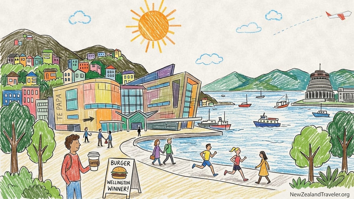 Wellington waterfront in late-afternoon light with a traveler walking beside the harbor and hills rising behind the city.