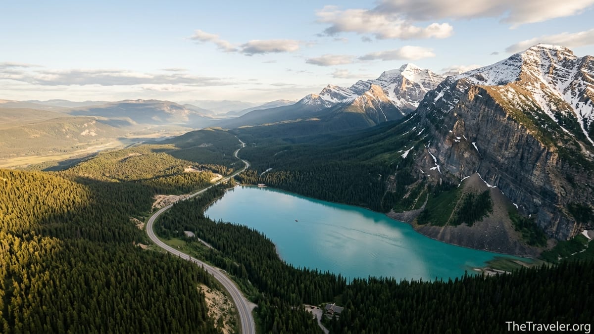 A turquoise glacial lake in the Canadian Rockies bordered by forest and highway at golden hour.