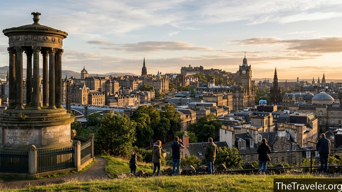 Golden hour view over Edinburgh from Calton Hill with castle and city skyline.