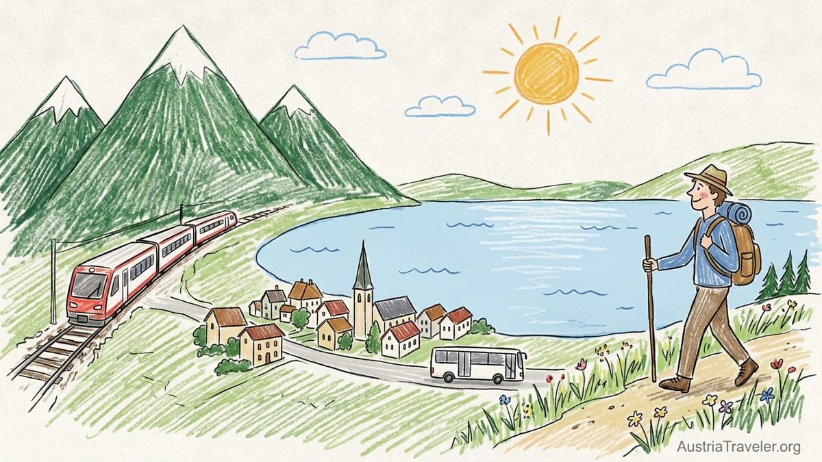 Austrian alpine village and meadows below high peaks on a clear summer evening.