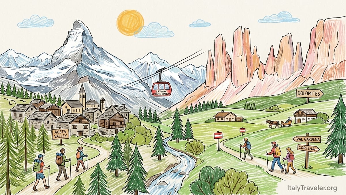 Panoramic summer view of Italian Alps with green meadow trail leading toward jagged peaks and a small wooden mountain hut.