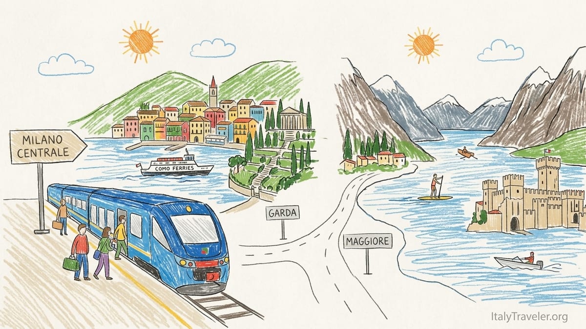 Sunrise view over Lake Como with Varenna rooftops, Bellagio and mountains in the distance.