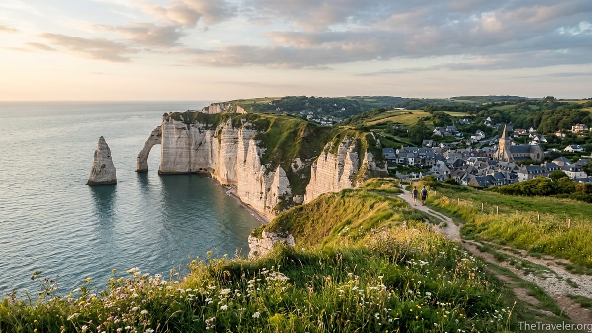 Golden-hour view over the cliffs and sea arches of Étretat on the Normandy coast in Northern France.