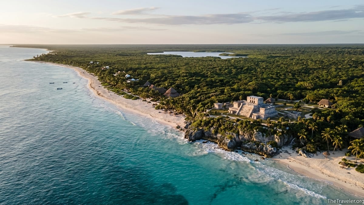 Aerial view of Tulum’s white sand beach, turquoise sea and jungle backed Mayan ruins at golden hour.
