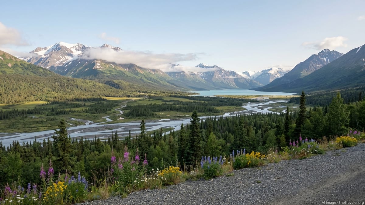 Summer view of Alaska valley with forests, rivers, and snow-capped mountains in soft light.
