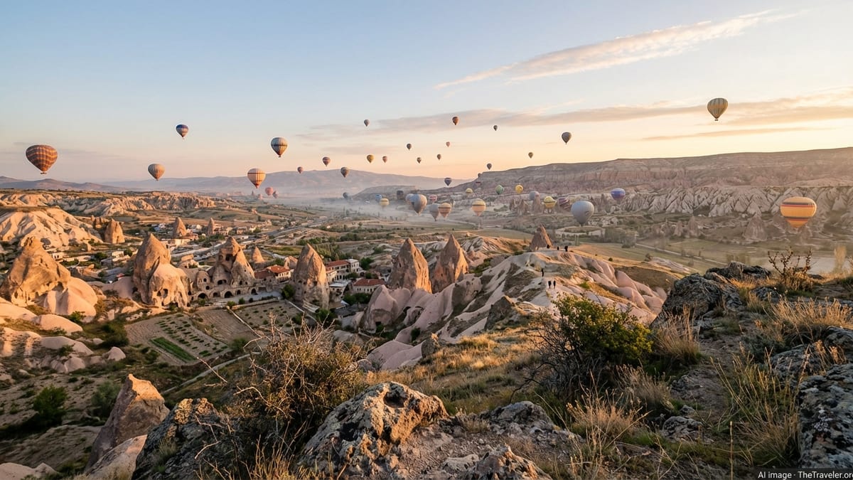 Sunrise hot air balloons over Cappadocia’s fairy chimneys and valleys in central Turkey.