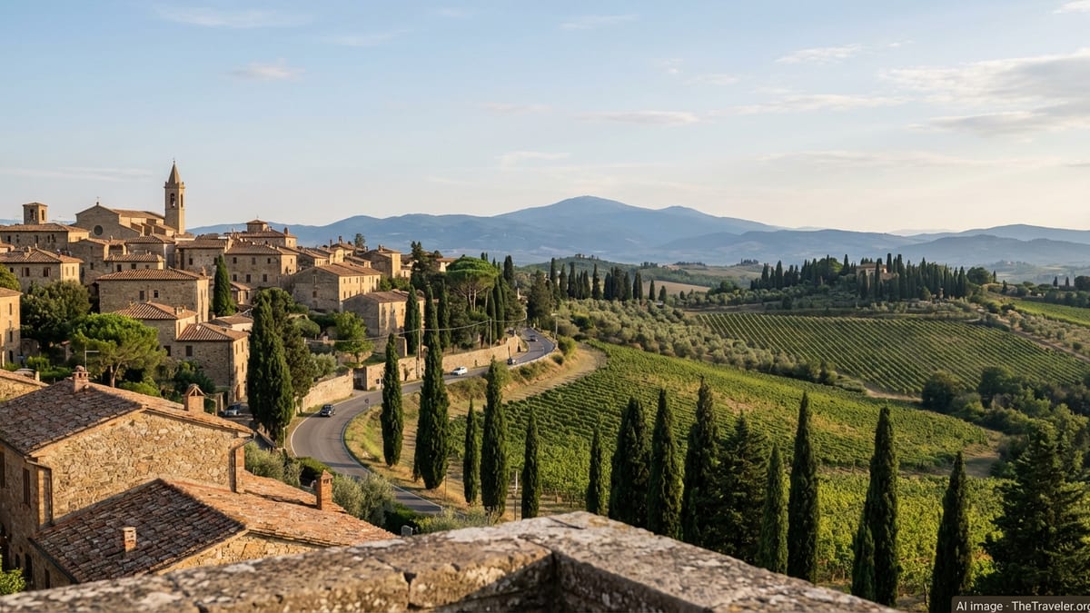 Terraced view over Tuscan vineyards and a hill town under warm late afternoon light.