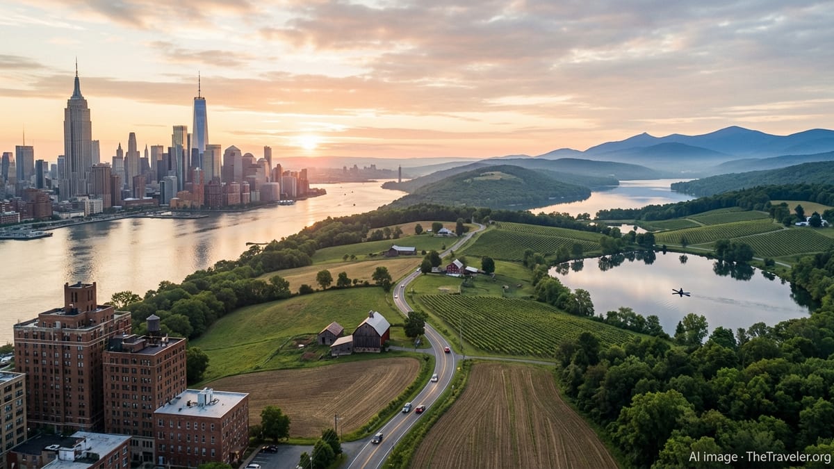 Panoramic view blending New York City skyline, Hudson Valley, Finger Lakes and Adirondack mountains at sunrise.