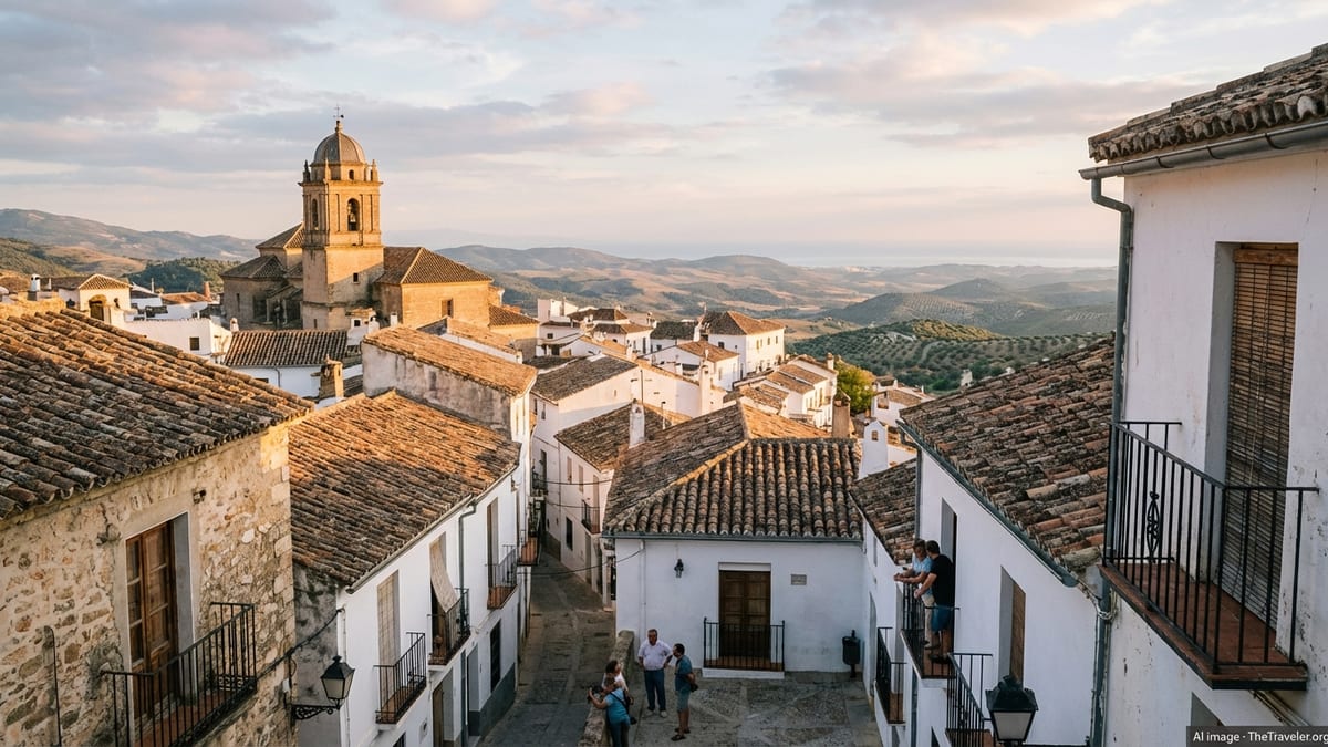 Golden hour view over a whitewashed Spanish hill town with tiled roofs and rolling hills.