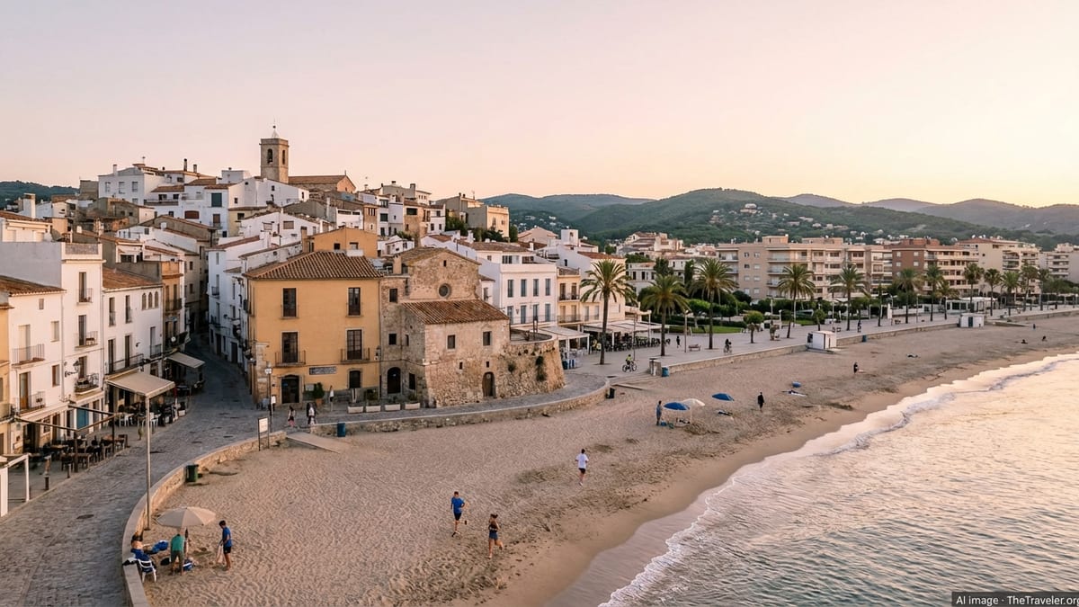 Spanish coastal town at sunrise with sandy beach, historic center, and modern promenade.