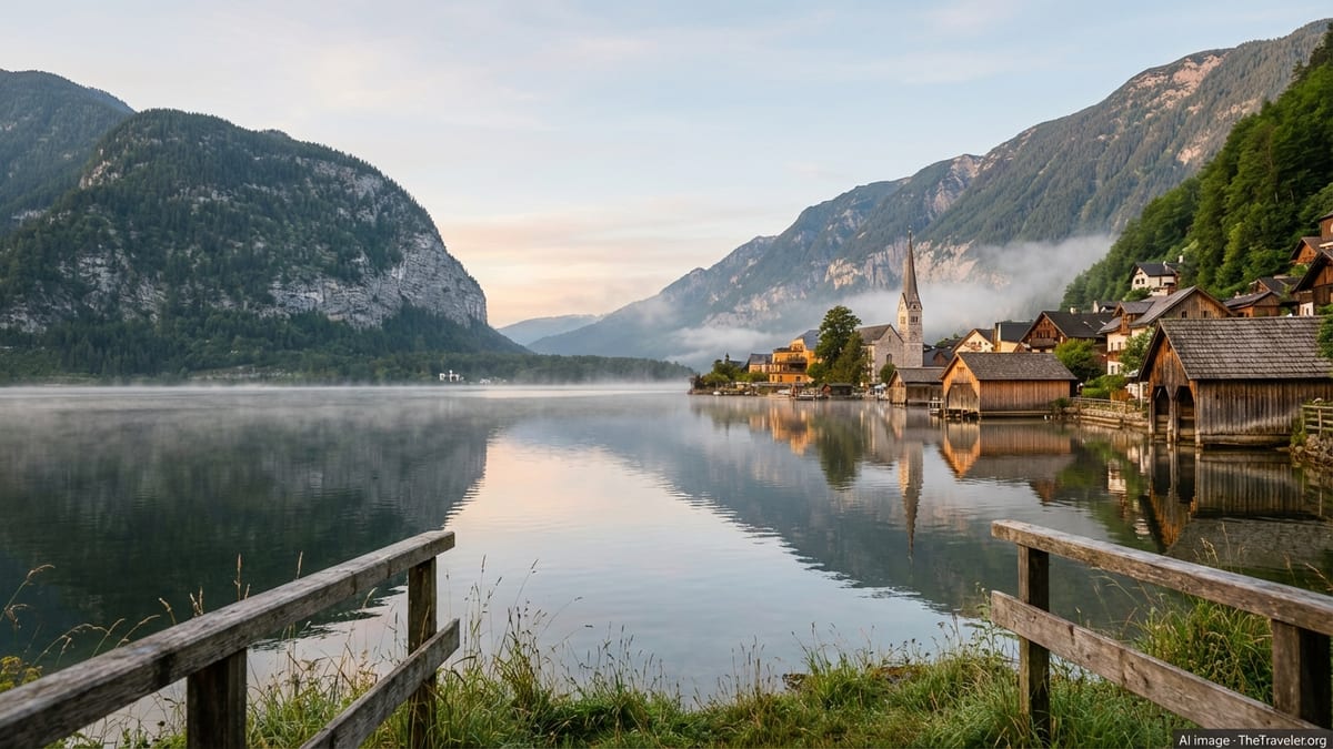 Sunrise view of an Austrian lake village framed by forested mountains in the Salzkammergut.
