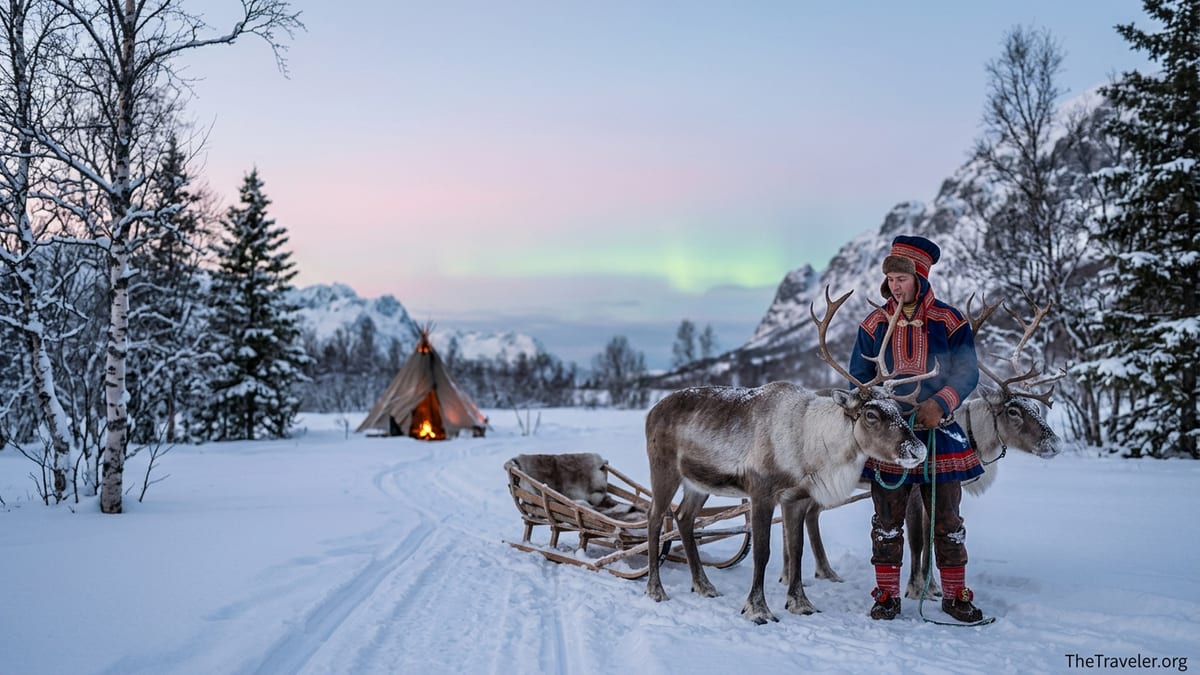 Sámi herder with reindeer sled at dusk in snowy Arctic landscape near Tromsø.