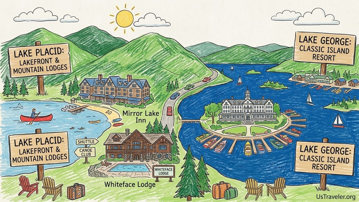 Lakefront resort view on Mirror Lake in Lake Placid with kayaks, chairs, and Adirondack mountains beyond.