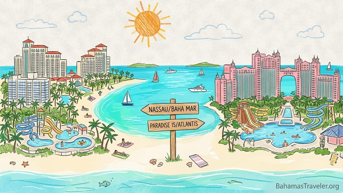 Turquoise Bahamas water and white-sand beach beside a luxury resort at golden hour.