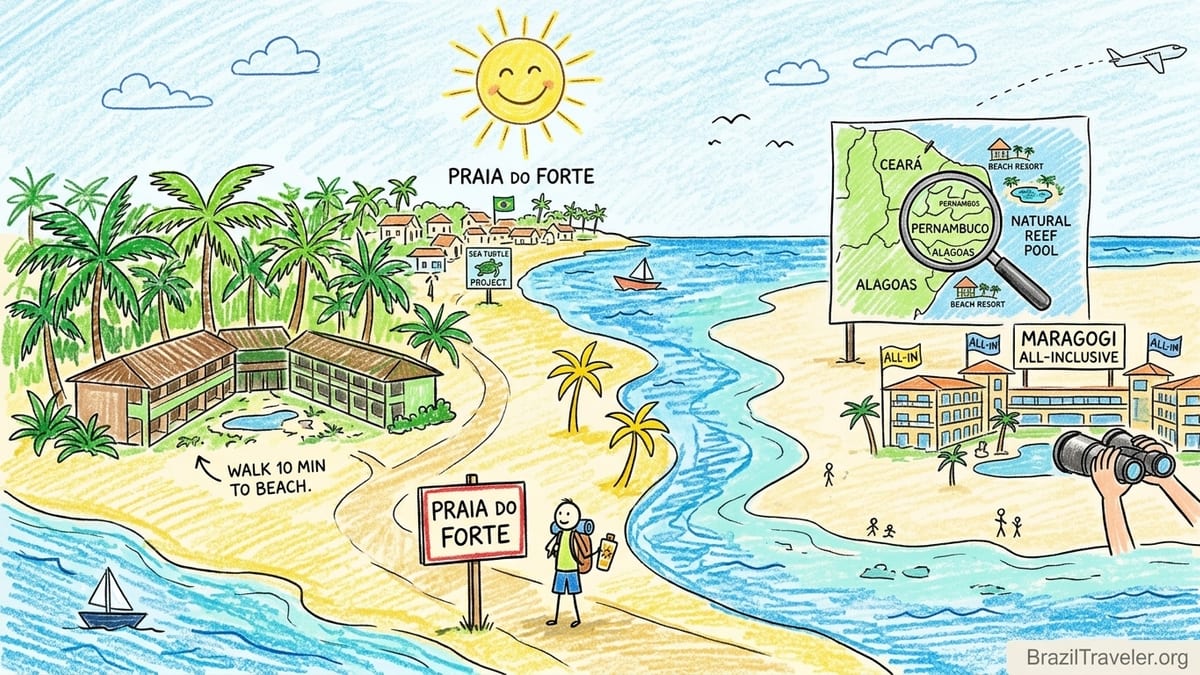 A beachfront resort in Northeast Brazil with palm-lined pools and tropical gardens near a swimmable shoreline.