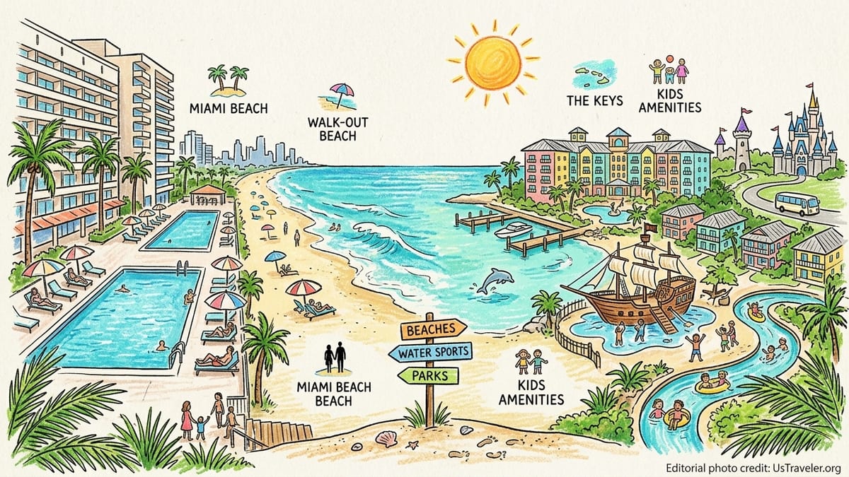 Aerial view of Florida beach resorts with pools, palm trees and turquoise water at sunset.
