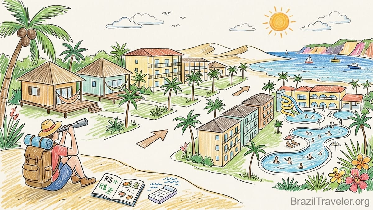 Aerial view of a beachfront resort in Northeast Brazil with pools, palm trees and a calm turquoise sea.