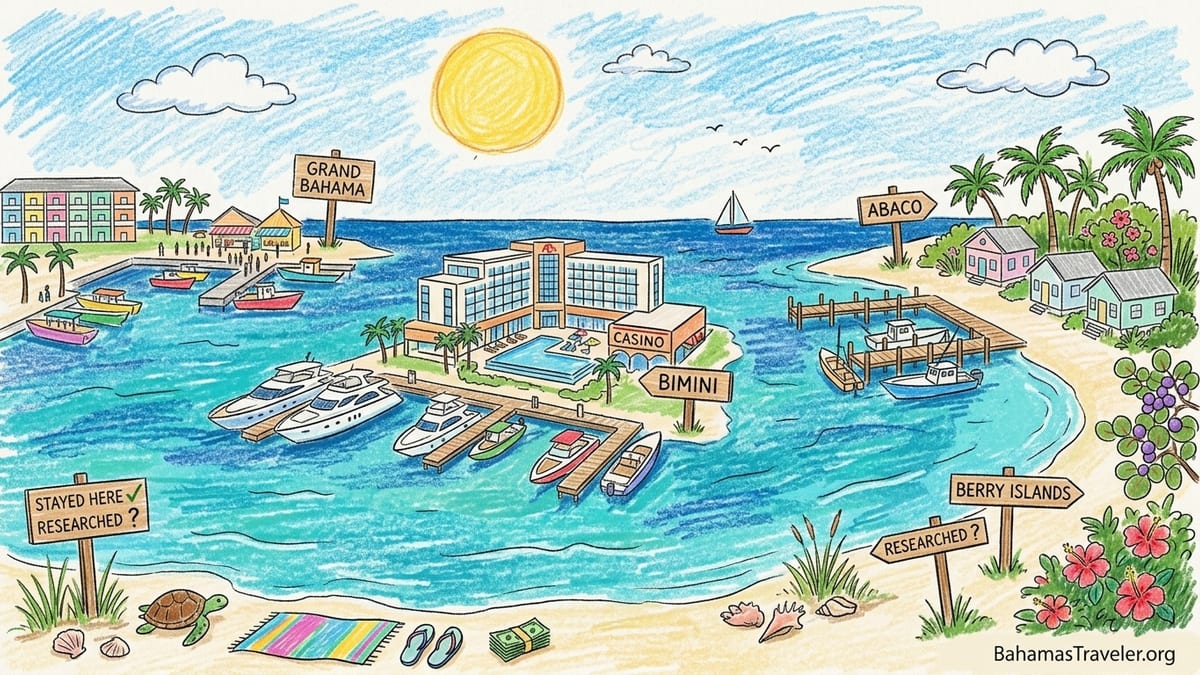 Morning view of a Northern Bahamas marina dock leading to a calm turquoise beach beside a low-rise resort.