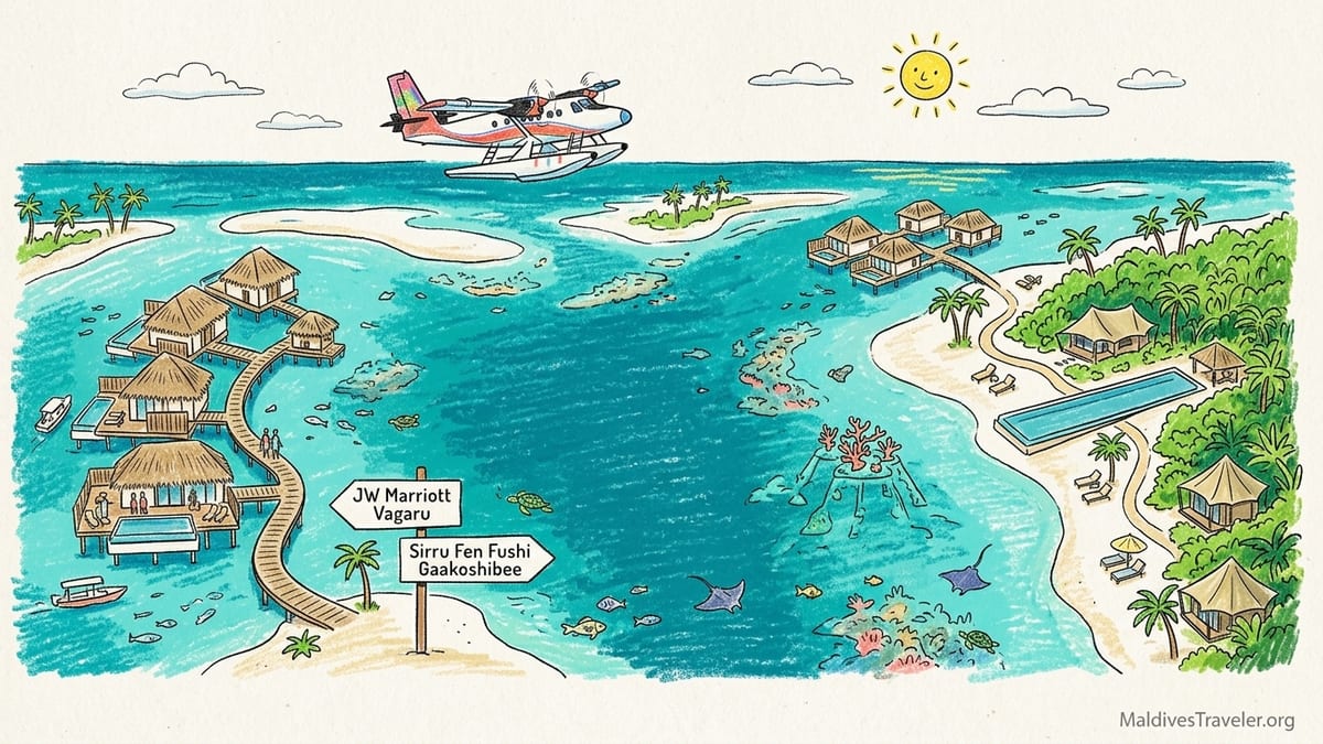 Aerial view of two Maldivian resort islands with overwater villas and turquoise lagoons in Shaviyani Atoll.