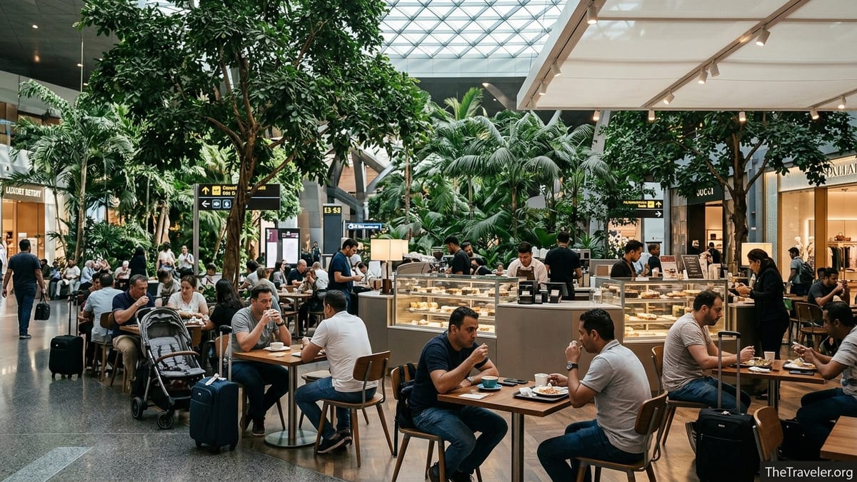Travelers dining at cafés under the Orchard indoor garden at Doha Hamad International Airport.