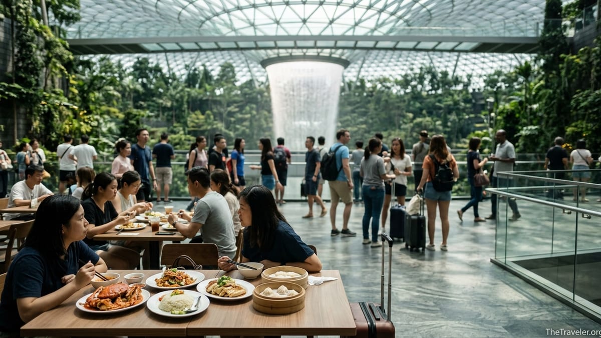 Travellers dining at a restaurant in Jewel Changi Airport with the Rain Vortex in the background.