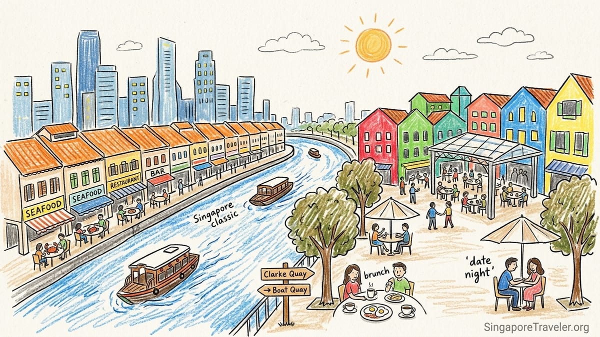 Evening diners at riverside restaurants along Singapore River with city skyline behind.