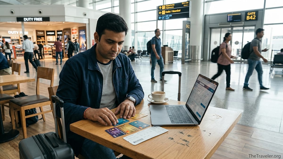 Traveler at an Indian airport café comparing multiple credit cards before a flight.