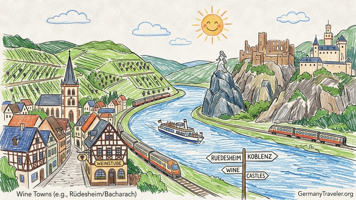 Golden-hour view over vineyards, Bacharach, Castle Stahleck and the Rhine River in the Middle Rhine Valley.