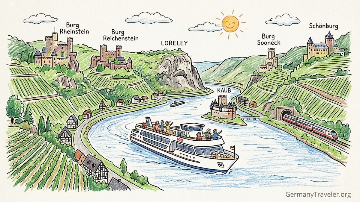Day-cruise boat passing vineyards and castle on the Middle Rhine near Bacharach.