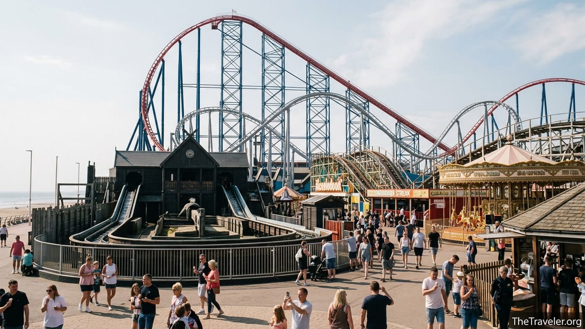 View over Blackpool Pleasure Beach showing The Big One, ICON and busy summer crowds.