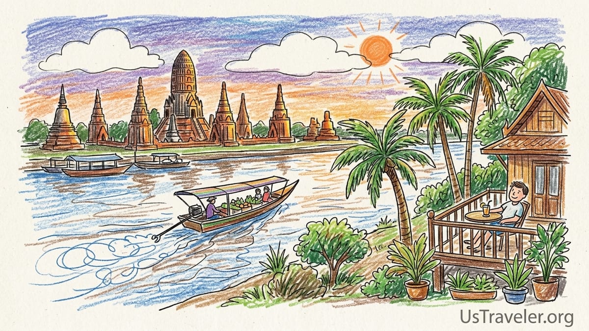 Riverside balcony view over the Chao Phraya River toward Ayutthaya temple silhouettes at sunrise.