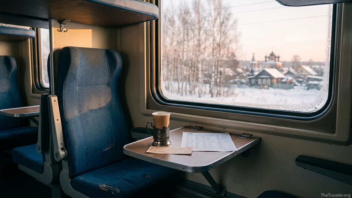 Interior of a Russian train compartment with sunrise over snowy birch forest outside the window.