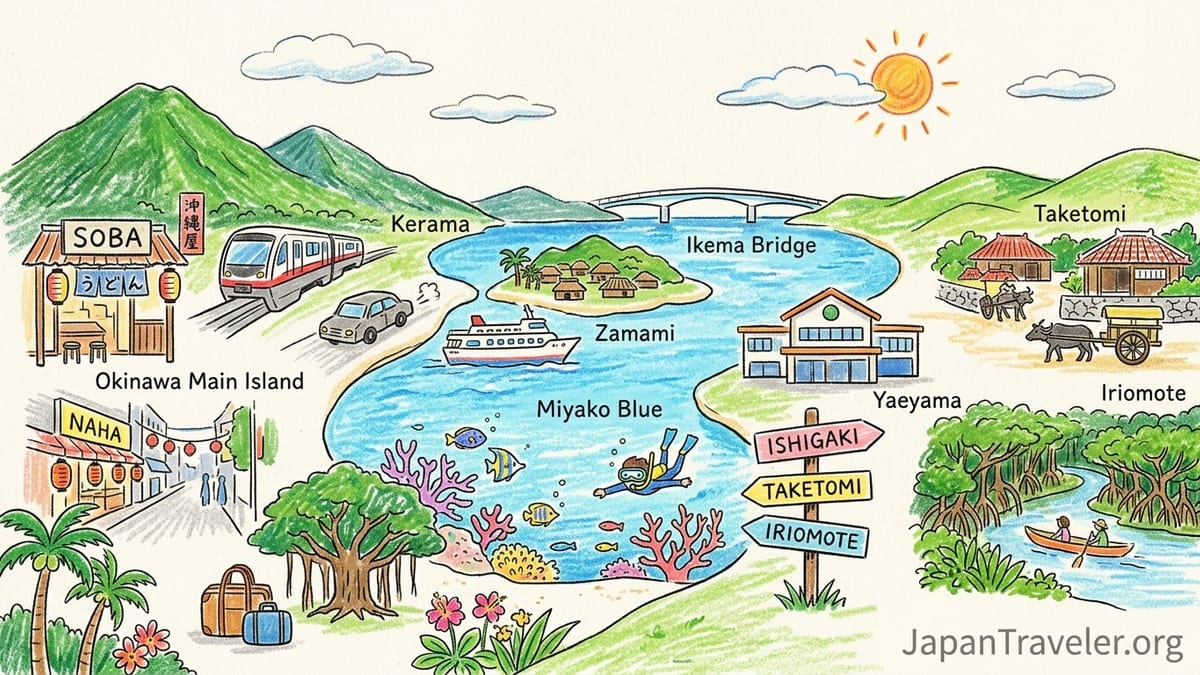 Travelers boarding a ferry at Ishigaki Port with turquoise water and distant Ryukyu islands at sunset