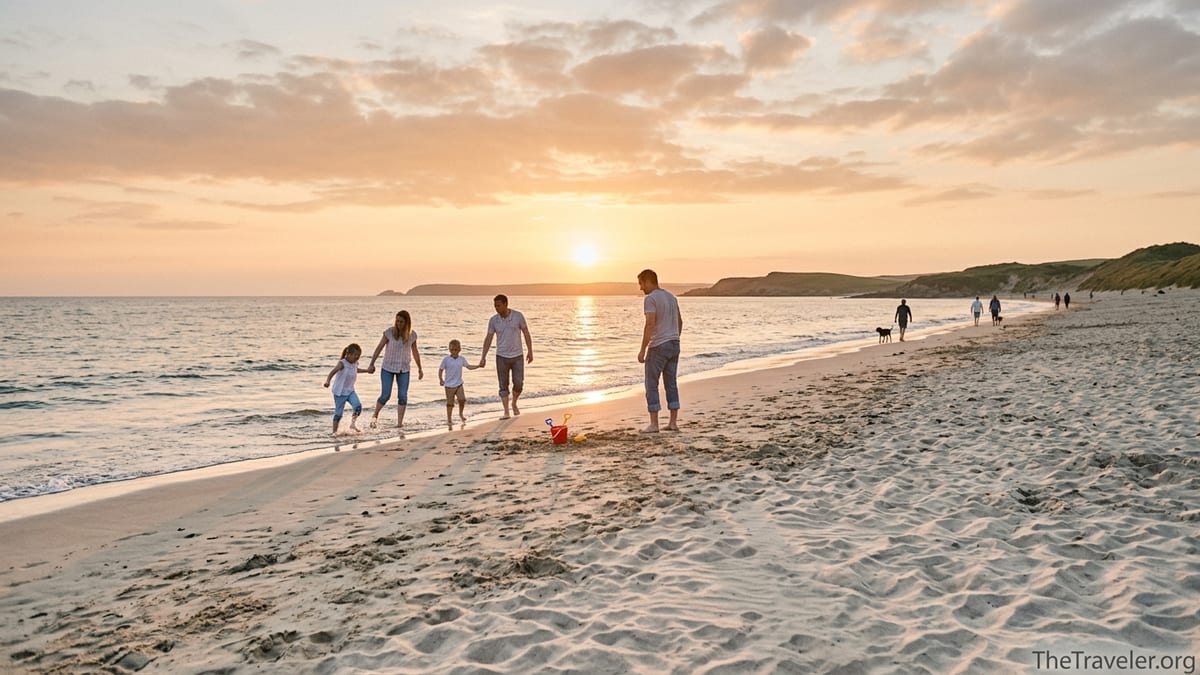 Family with children paddling at sunset on a wide sandy UK beach with calm sea.