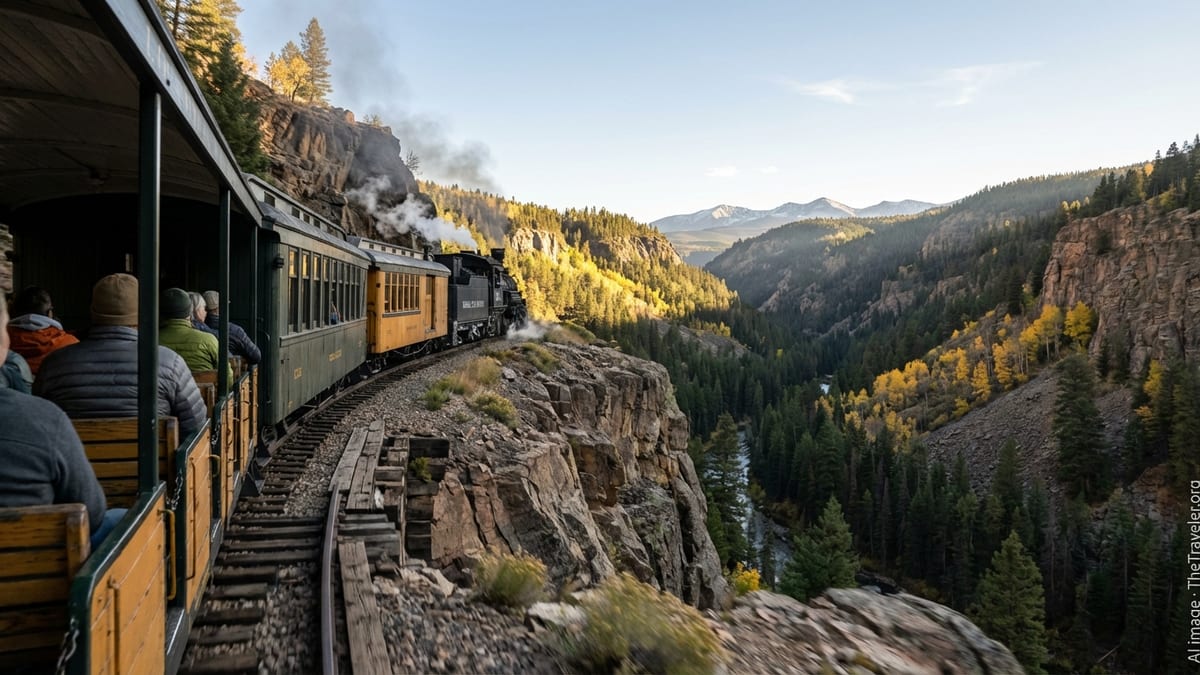 Historic Colorado train curving above a river canyon with golden aspens and distant snow capped peaks.