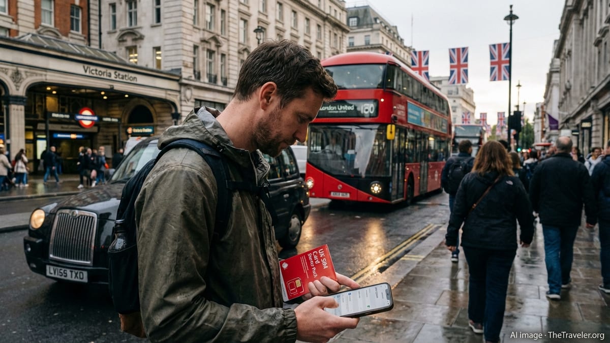 Traveller in central London setting up a UK SIM on their smartphone beside a red double decker bus.