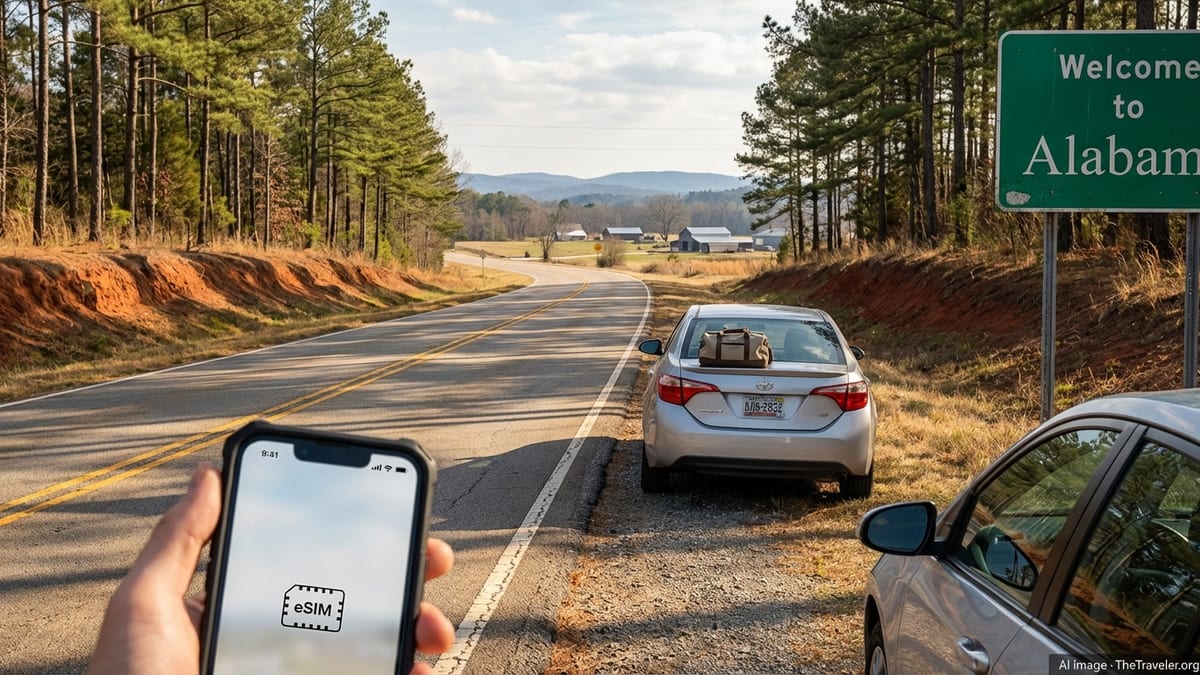 Traveler holding smartphone beside a rural Alabama highway during golden hour.