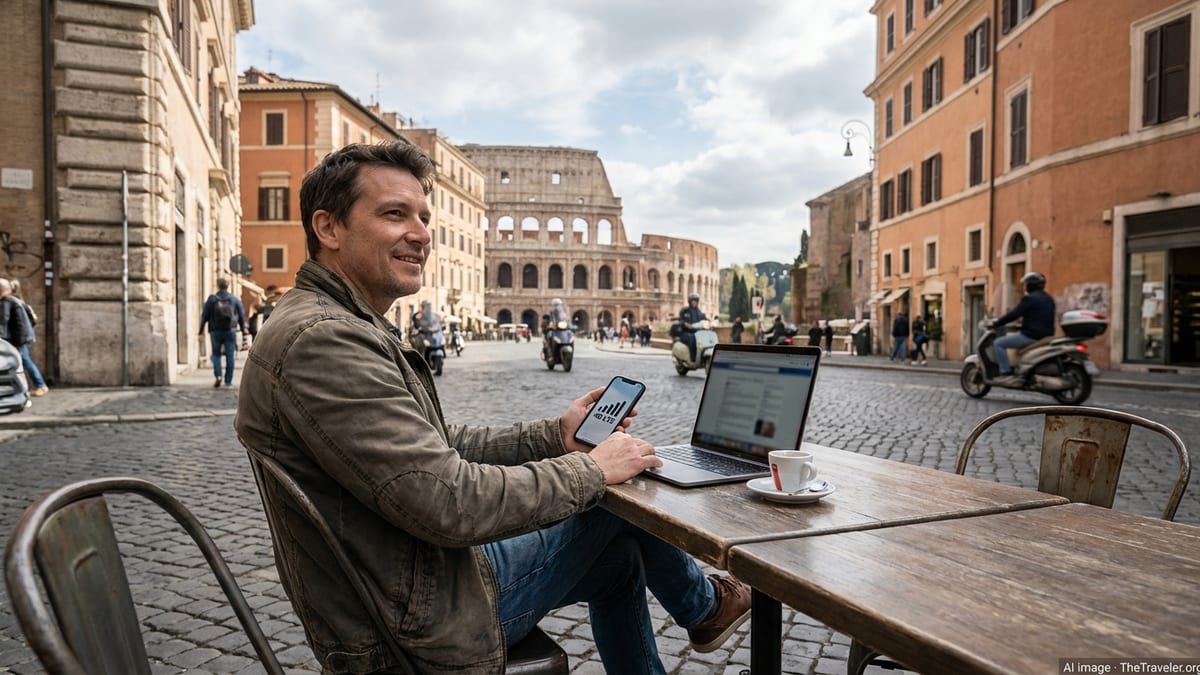 Traveler using a smartphone for mobile data at a café near the Colosseum in Rome.