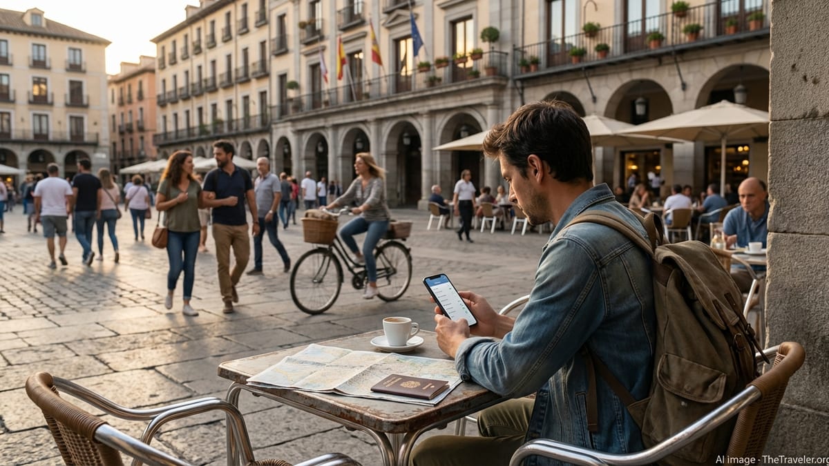 Traveler using a smartphone at an outdoor café in a historic Spanish city square at sunset.