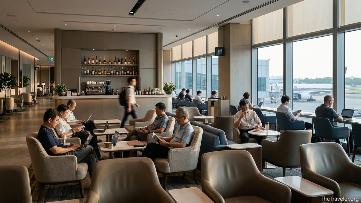 Travelers relaxing and working in a bright modern lounge at Singapore Changi Airport.