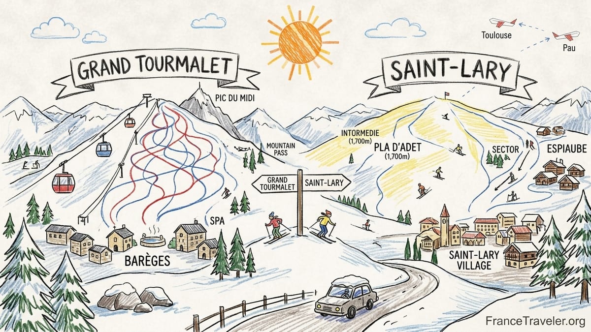 Panoramic winter view of a French Pyrenees ski resort with pistes, lifts and a village beneath snowy peaks.