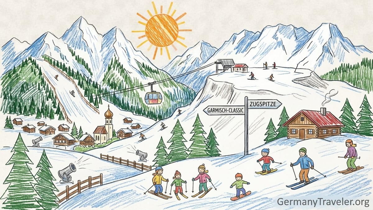 Skiers on a groomed slope above a Bavarian village with Zugspitze in the background.