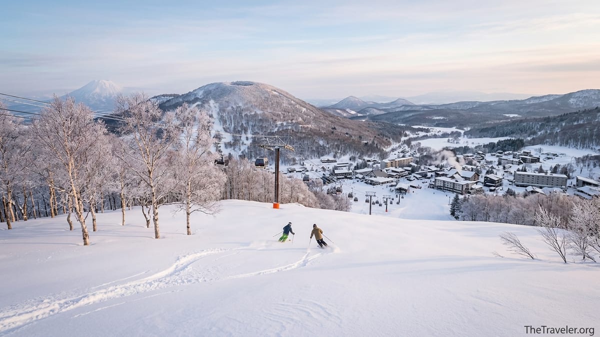 Skiers carving fresh tracks in deep powder above a snowy village in northern Japan at sunset.