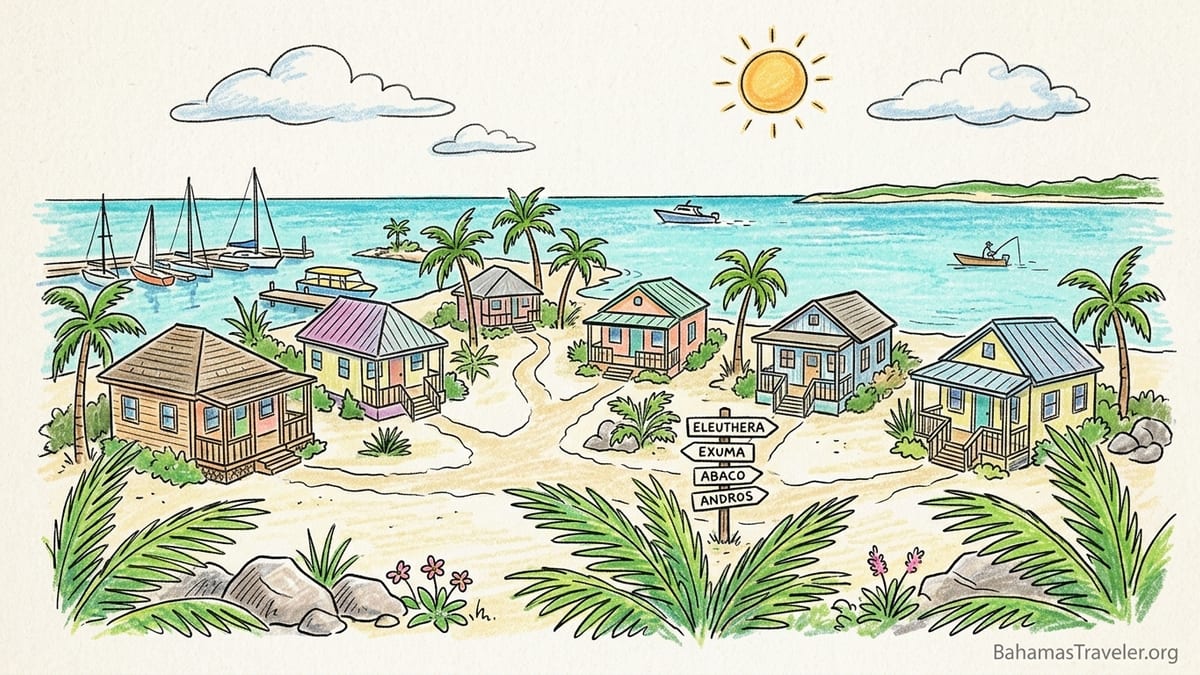 Small beachfront resort in the Bahamas Family Islands at sunset with cottages, veranda chairs, and turquoise water