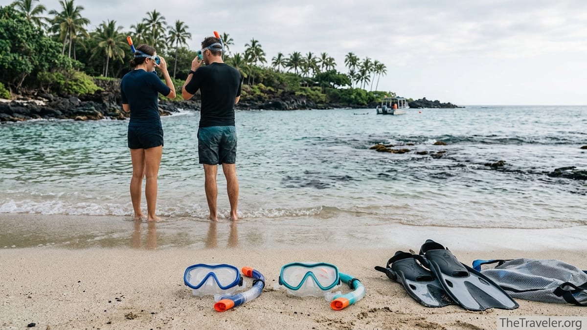Beginner snorkel gear set with masks, dry snorkels and short fins laid out on a tropical beach near the waterline.