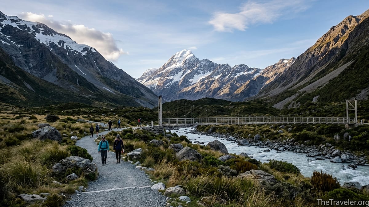 Hikers on Hooker Valley Track walking toward snow-covered Aoraki Mount Cook on a clear day