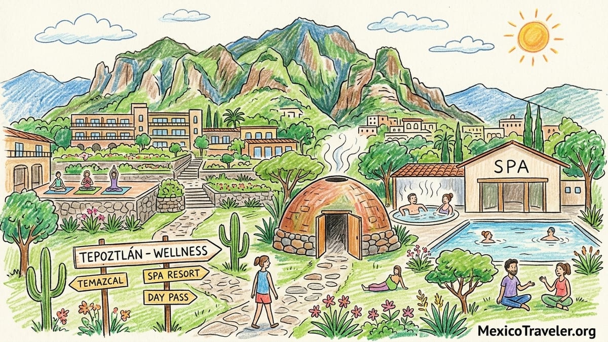 Warm outdoor pool and temazcal dome with Sierra del Tepozteco mountain view in Tepoztlán, Mexico.
