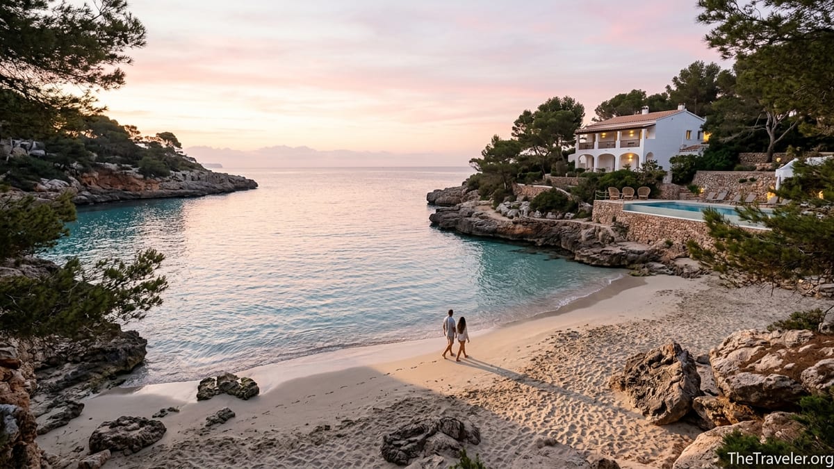 Couple walking along a quiet Balearic cove at sunrise below a small boutique hotel.